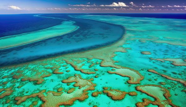 Great Barrier Reef von oben, türkisblaues Meer mit Korallenriffs, Australien