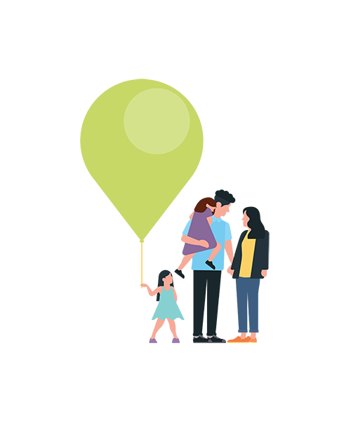 Grafik, die eine Familie mit einem großen grünen Luftballon zeigt. Freie Tage, Schulferien, Fenstertage und Ferienkalender