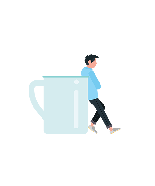 Grafik, Mann lehnt an einer übergroßen Tasse