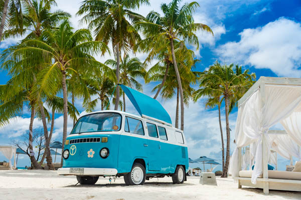 Blauer Van am Strand, Palmen im Hintergrund