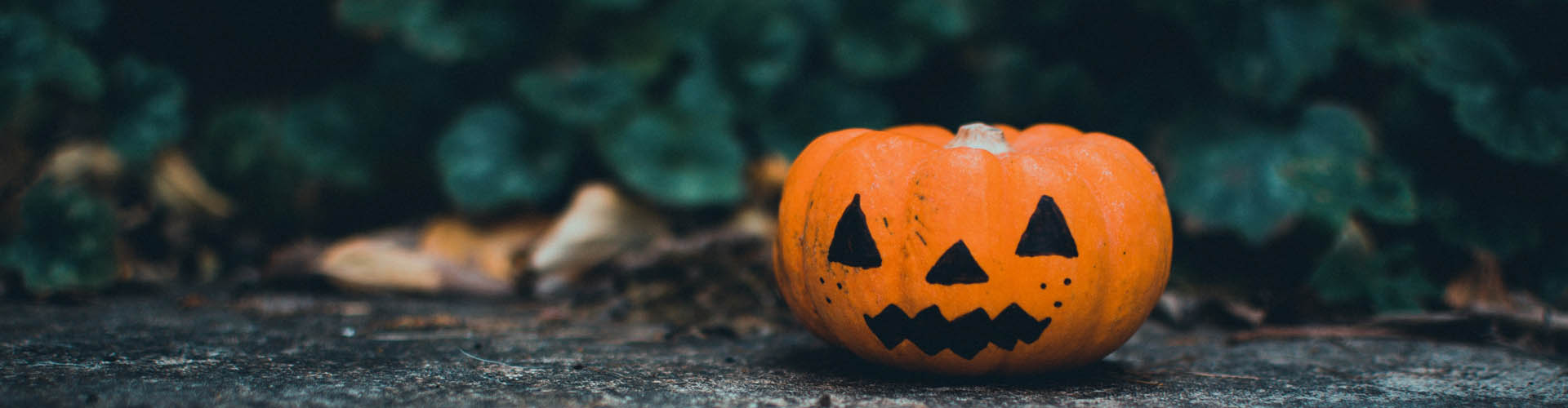Halloween Kürbis, Jack O Latern, der am Waldboden liegt
