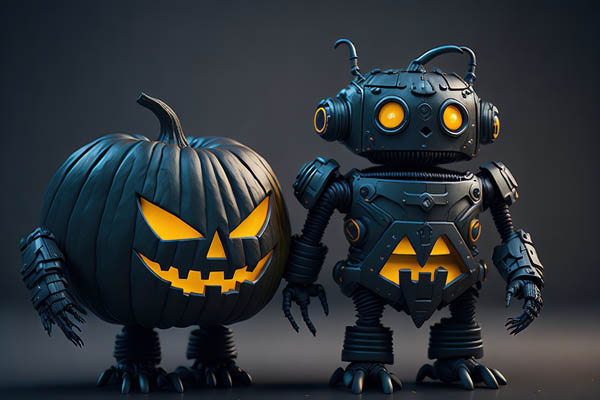 Gruselige Roboter zu Halloween, schwarz und orange