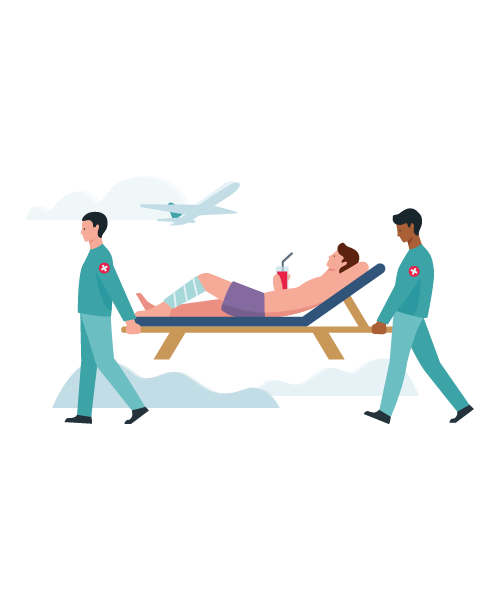 Grafik, Urlauber wird von Ärzten abtransportiert, im Hintergrund ein Flugzeug